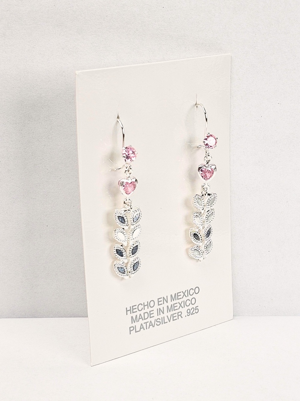 925 Sterling Silver Pink Crystal Heart Floral Dangle Earrings 46mm - Picture 2 of 8